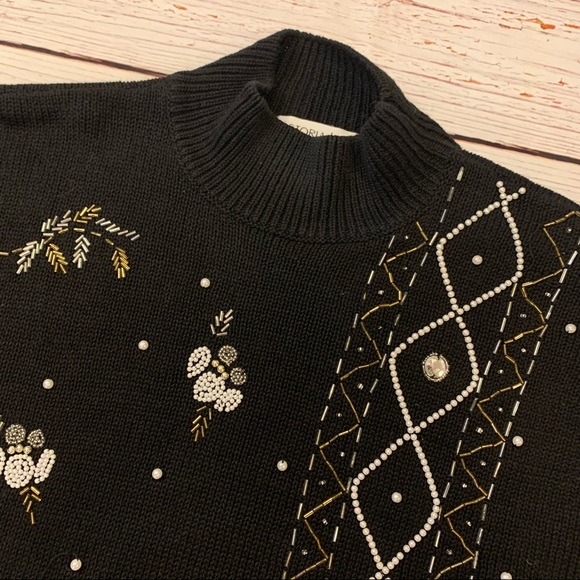 Vintage Beaded Knit Mock Neck Holiday Winter Sweater Victoria Jones Black Silver - Picture 8 of 15